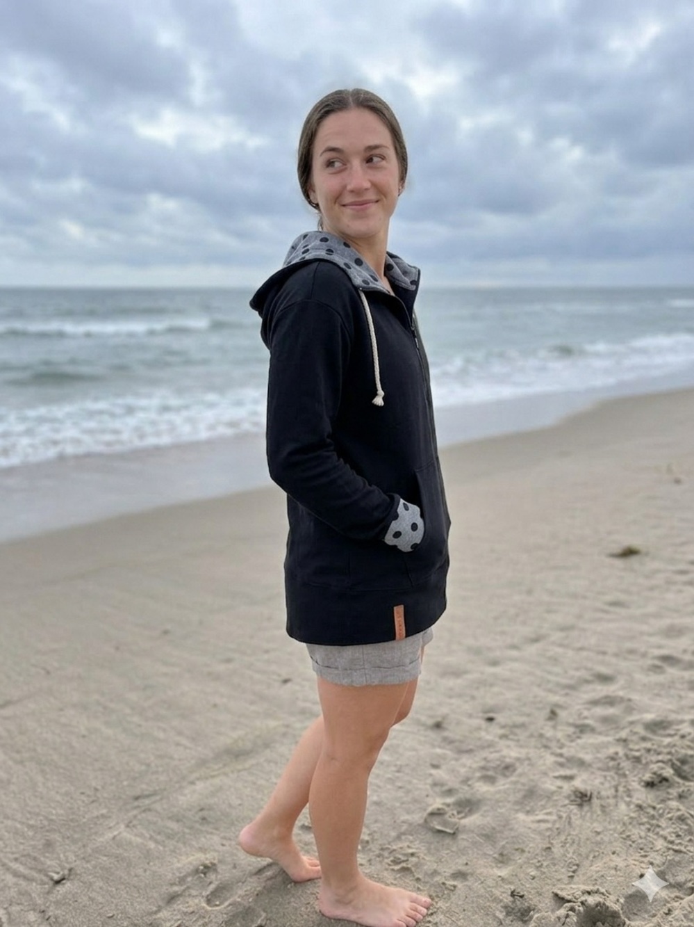 AMPERSAND AVE Black Hooded Pullover Jacket with Gray Polka-Dot Trim